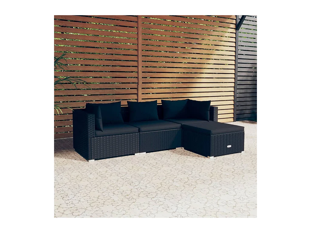 Salon de jardin 4 pcs avec coussins Résine tressée Noir