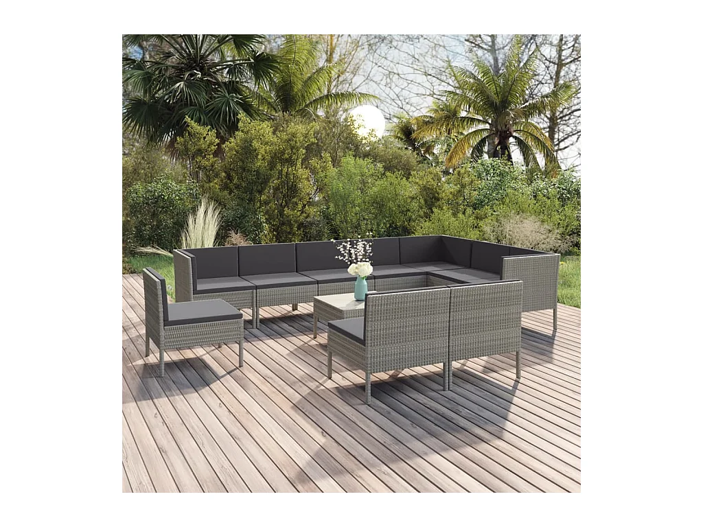 Salon de jardin 11 pcs avec coussins Résine tressée Gris
