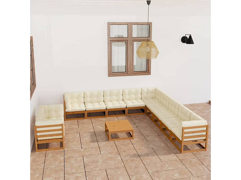 12-delige Loungeset met kussens massief grenenhout honingbruin