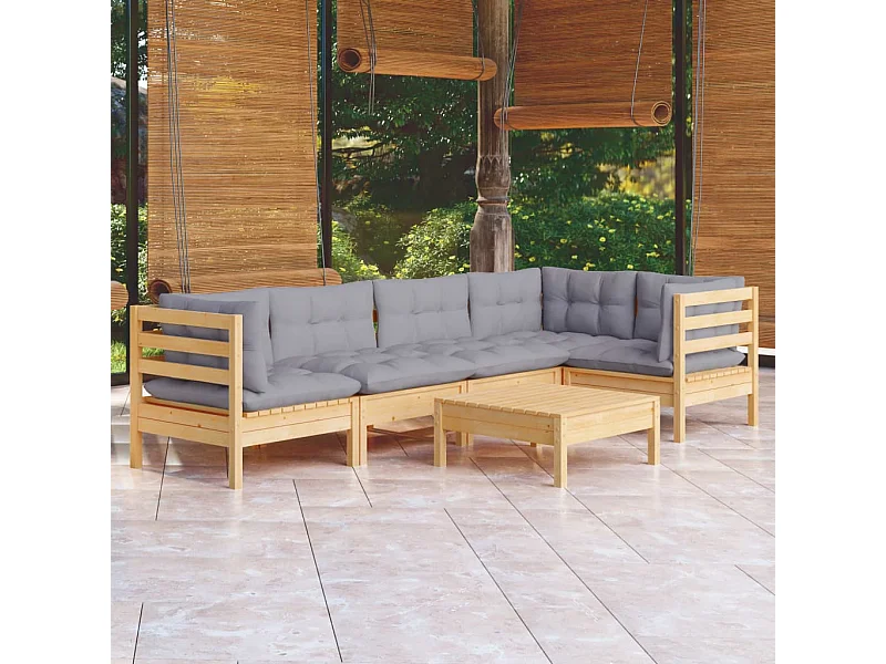 Set Divani da Giardino 6 pz con Cuscini Grigi Massello di Pino