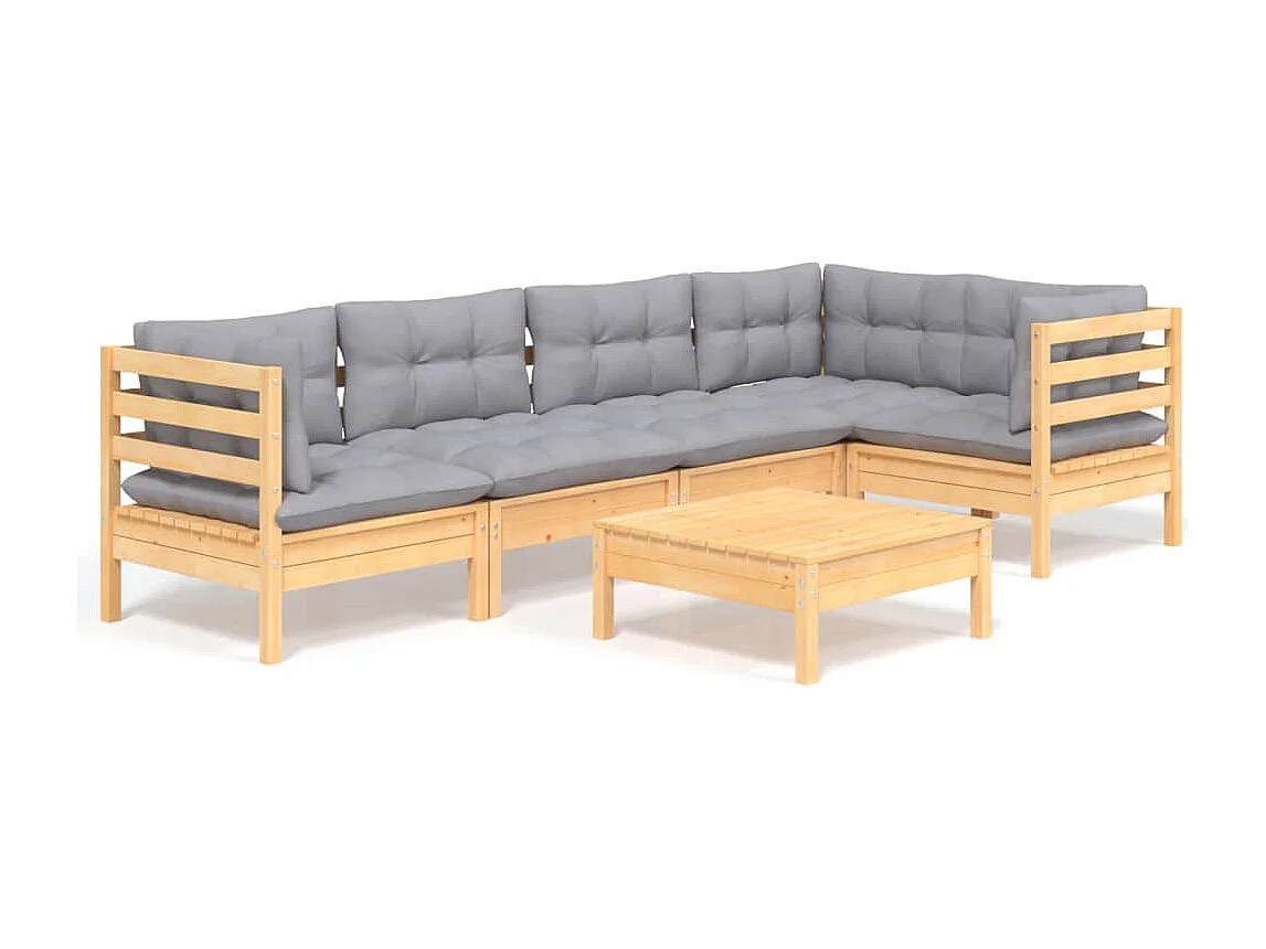 Salon de jardin 6 pcs avec coussins gris bois de pin