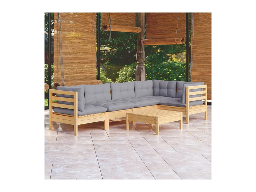 Salon de jardin 6 pcs avec coussins gris bois de pin