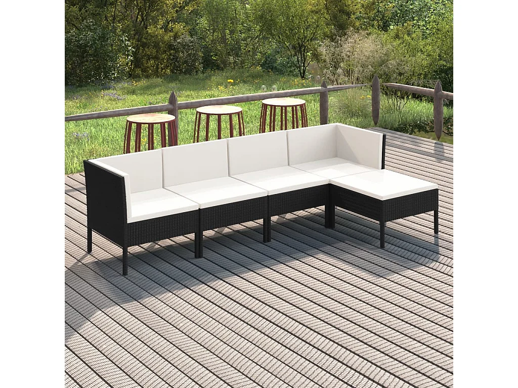 5 pcs conjunto lounge de jardim c/ almofadões vime PE preto