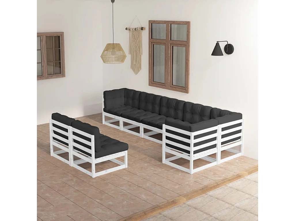 8 pcs conjunto lounge de jardim c/ almofadões pinho maciço