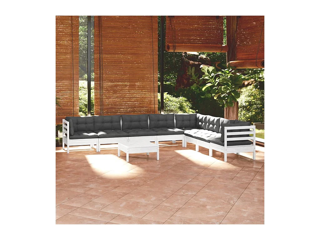 Salon de jardin 9 pcs avec coussins blanc bois de pin massif