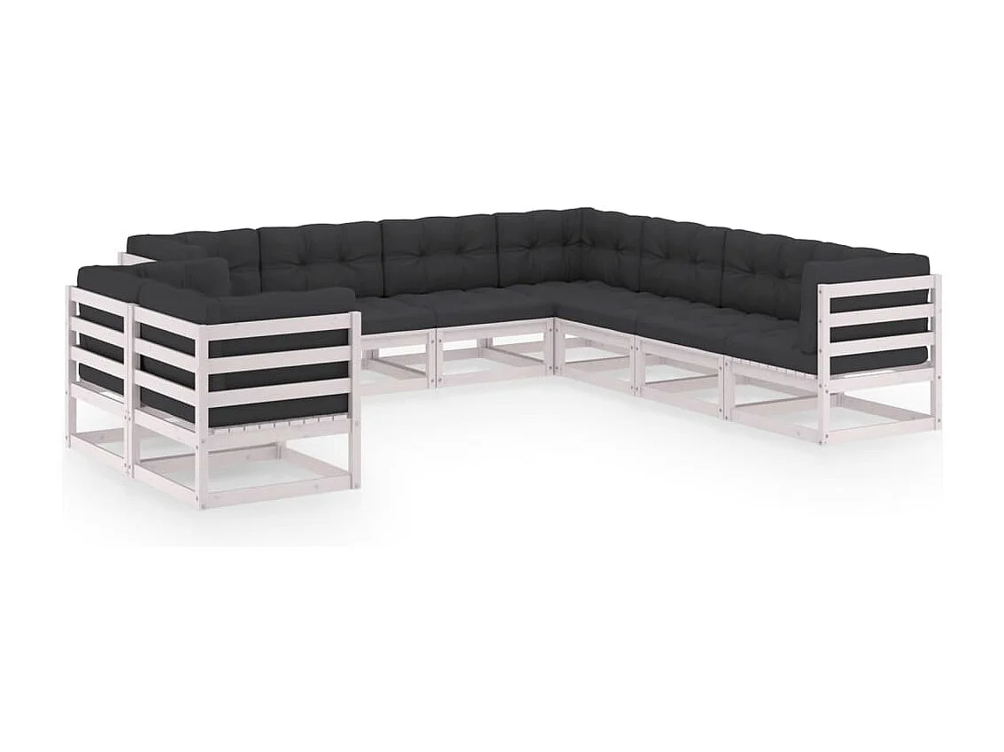 Salon de jardin 9 pcs avec coussins Blanc Bois de pin massif