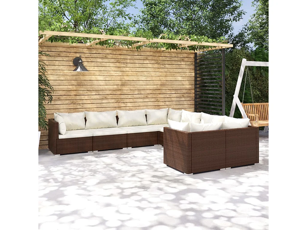 8 pcs conjunto lounge jardim c/ almofadões vime PE castanho