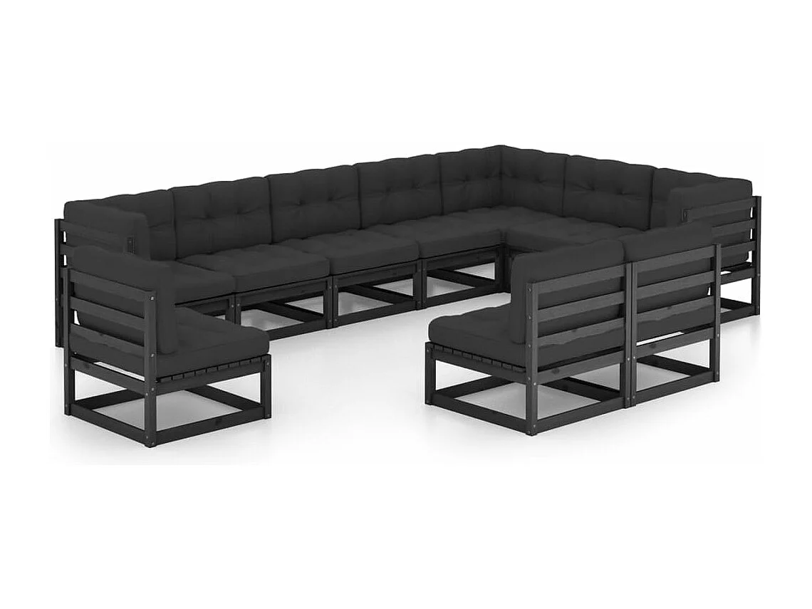 Salon de jardin 10 pcs avec coussins Noir Bois de pin massif