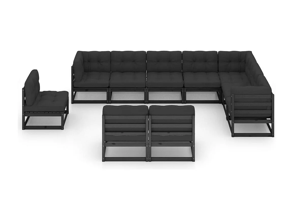 Salon de jardin 10 pcs avec coussins Noir Bois de pin massif