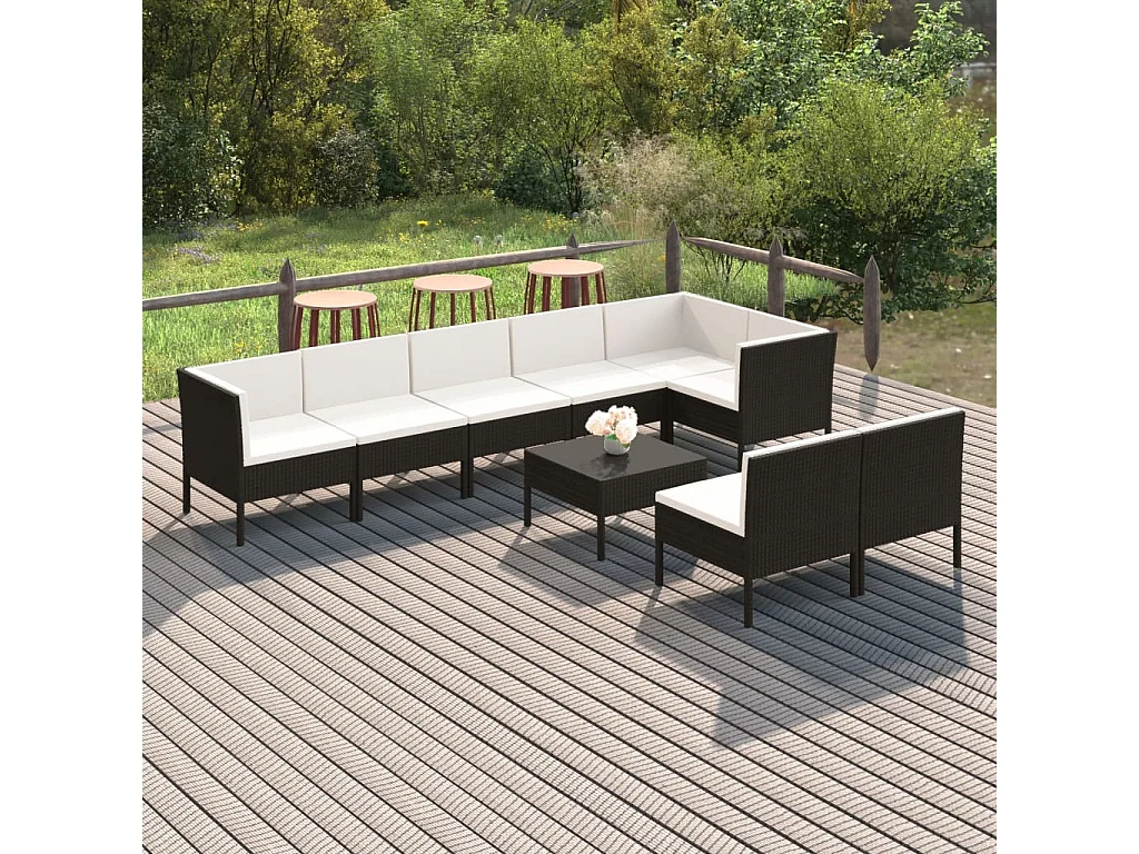 Salon de jardin 9 pcs avec coussins Résine tressée Noir