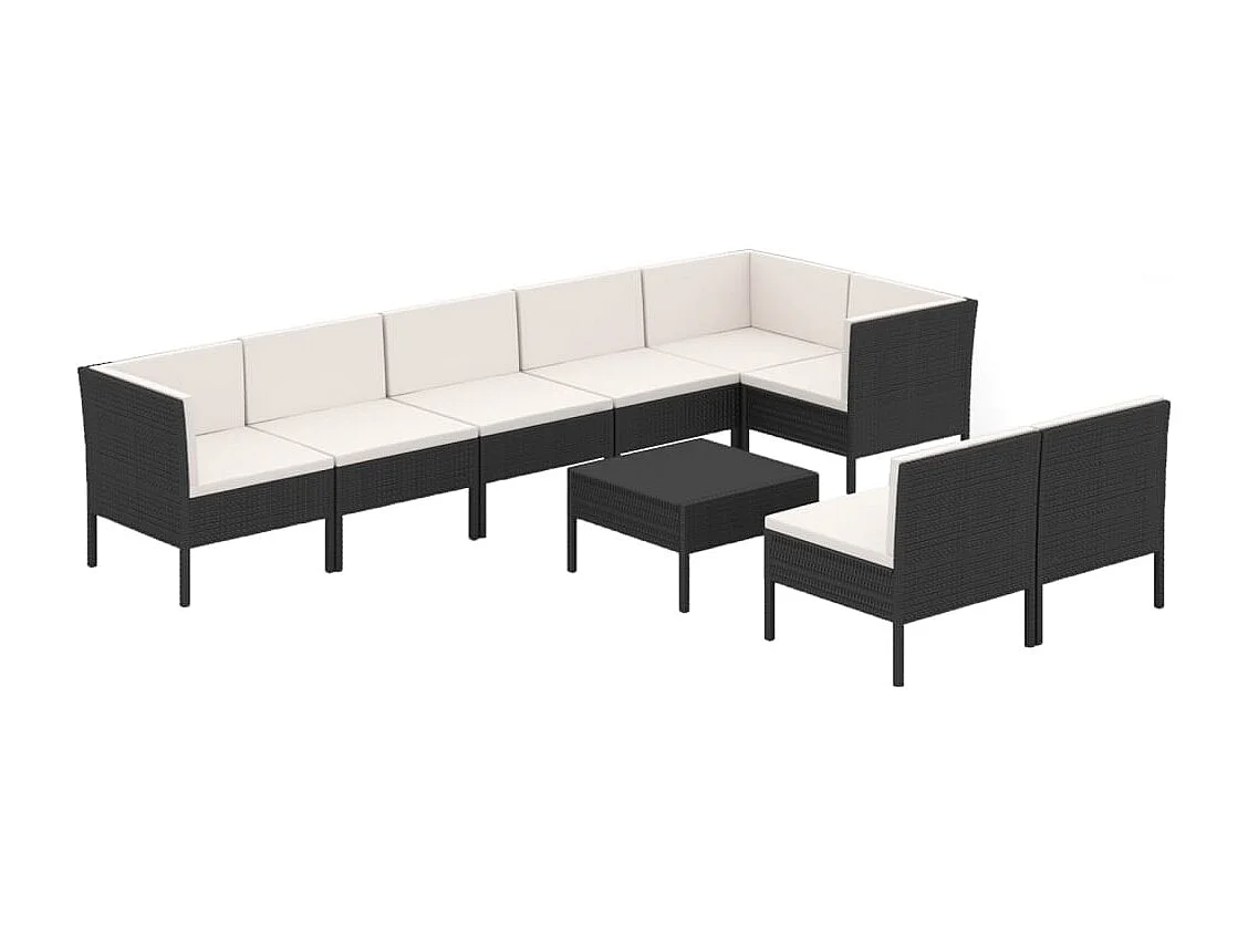 Salon de jardin 9 pcs avec coussins Résine tressée Noir