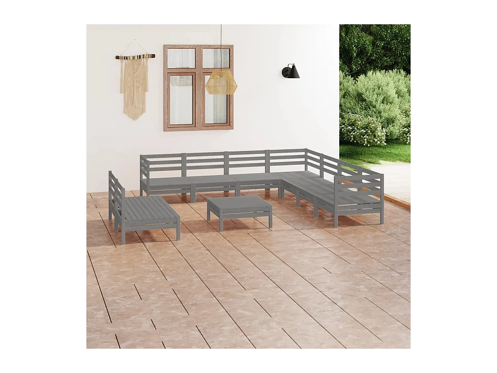 10-delige Loungeset massief grenenhout grijs