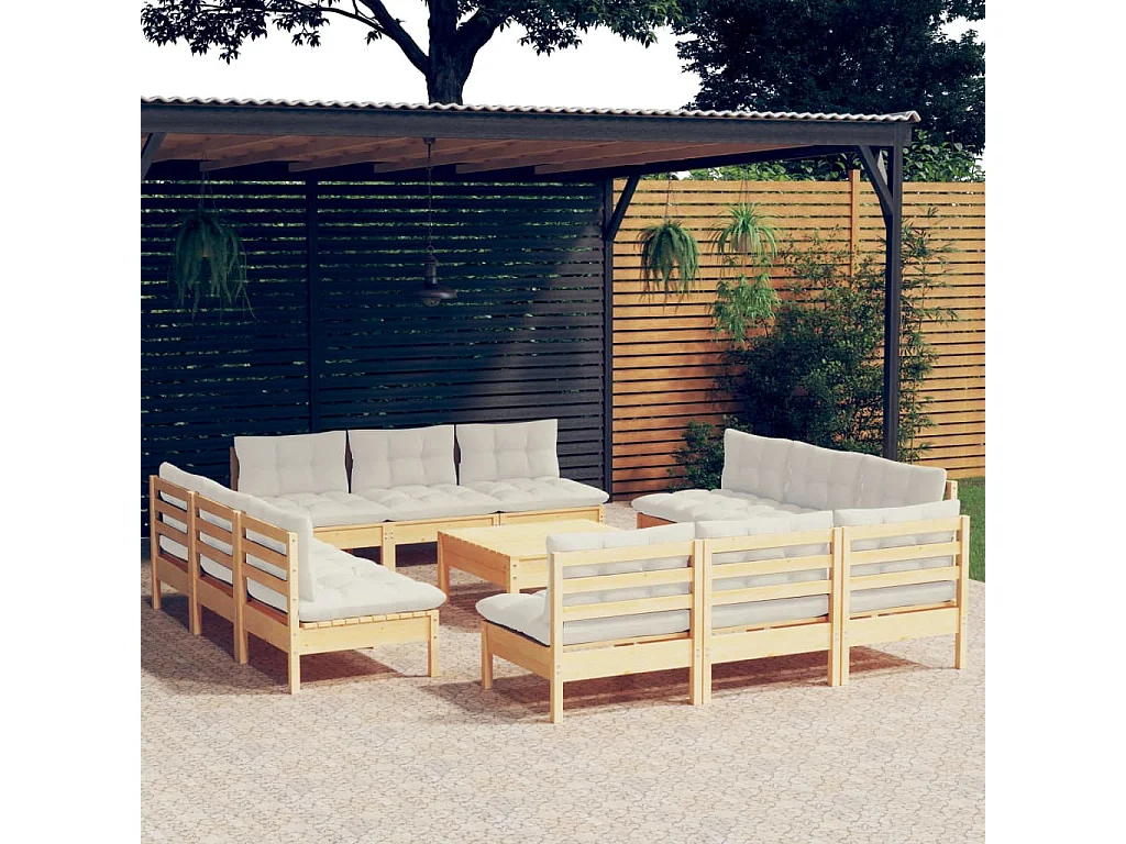 13-tlg. Garten-Lounge-Set mit Creme Kissen Kiefernholz
