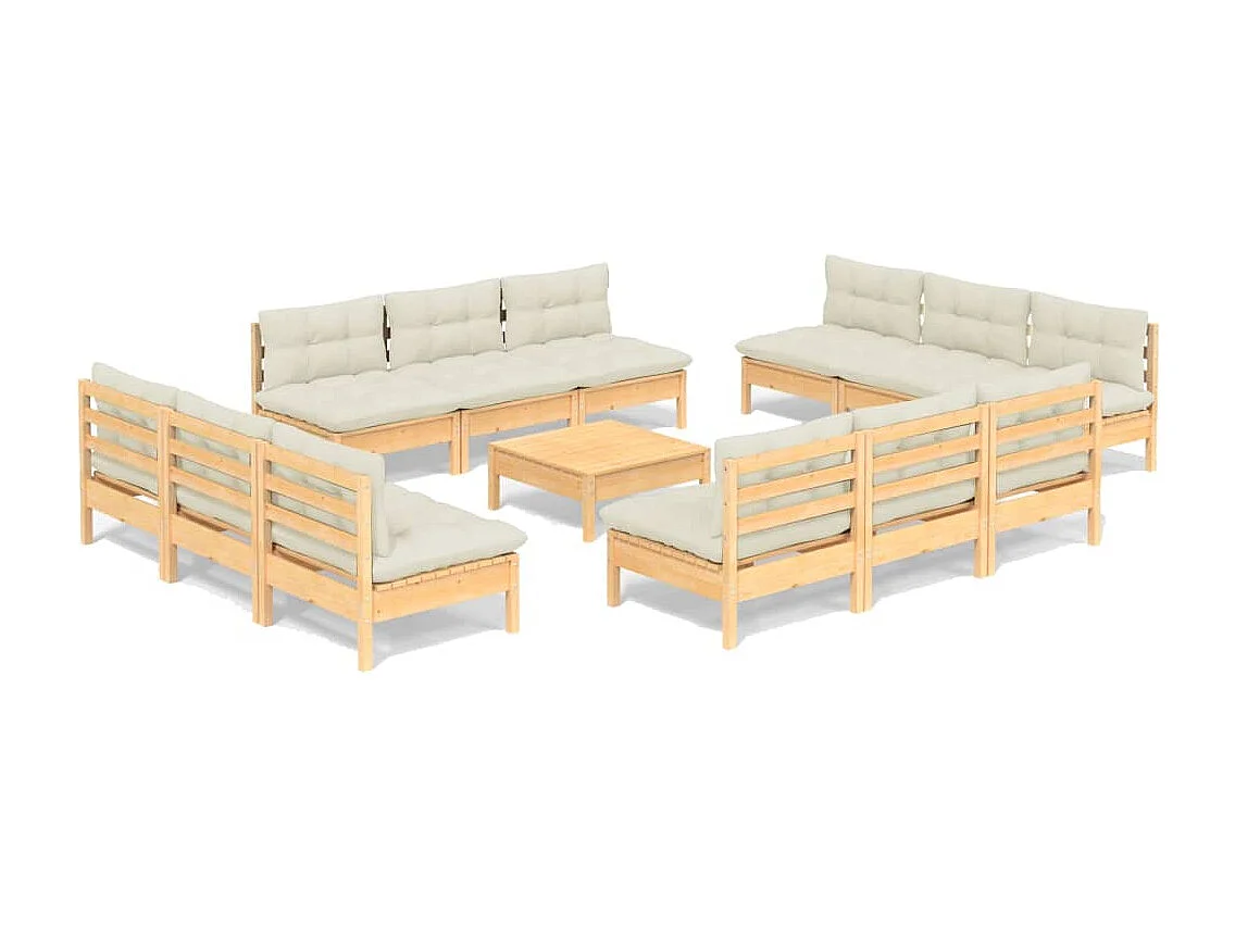 13-tlg. Garten-Lounge-Set mit Creme Kissen Kiefernholz