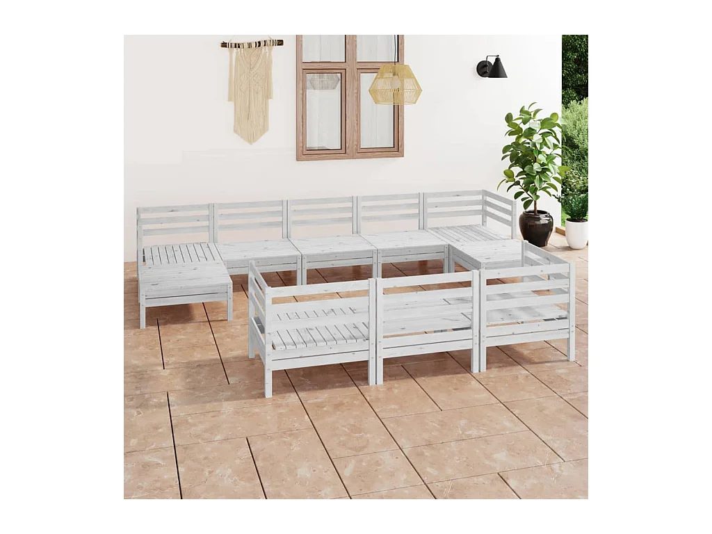 Salon de jardin 10 pcs Blanc Bois de pin massif