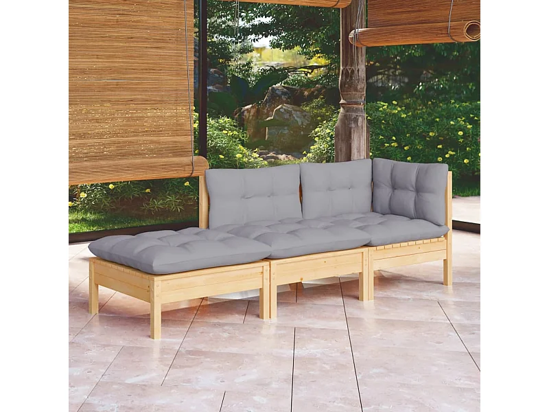 3-tlg. Garten-Lounge-Set mit Grauen Kissen Kiefer Massivholz