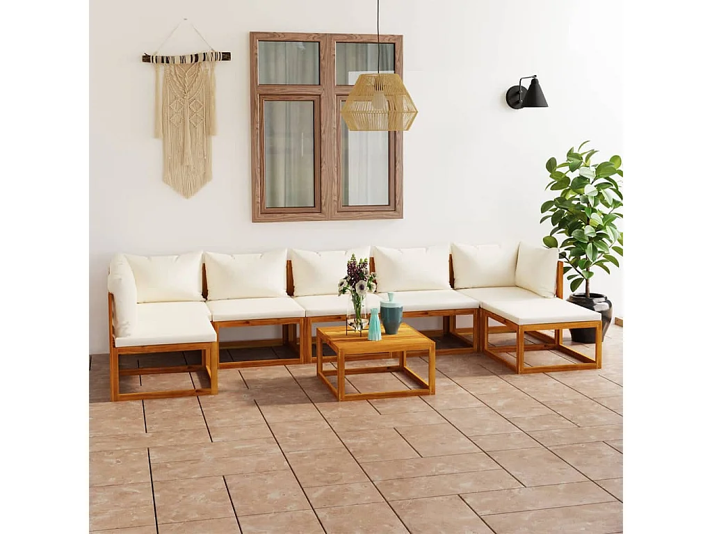 Salon de jardin 8 pcs avec coussin Crème Bois d'acacia solide