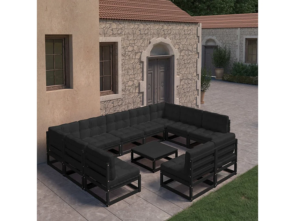 10 pcs conjunto longue jardim c/ almofadões pinho maciço preto