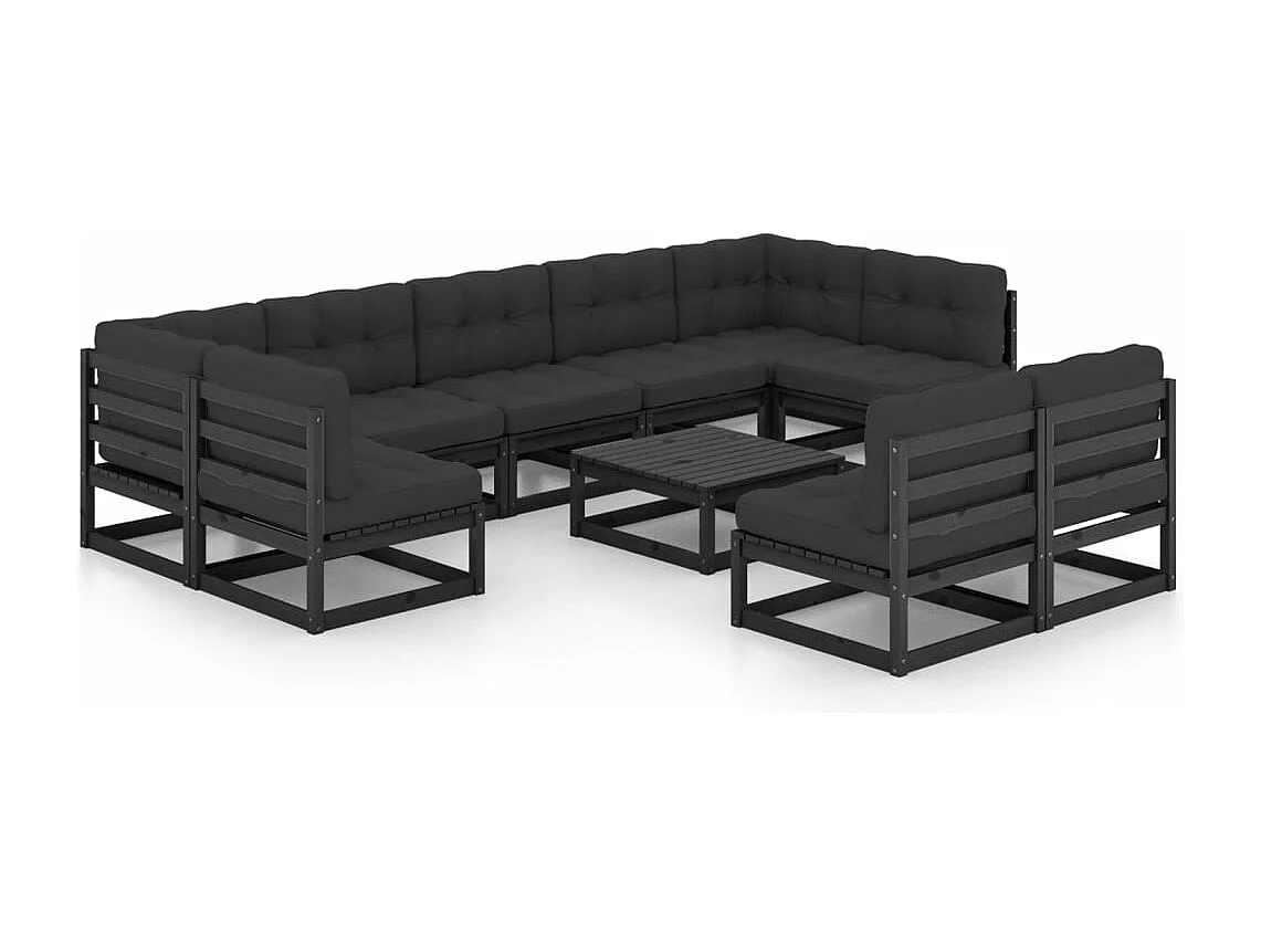 10 pcs conjunto longue jardim c/ almofadões pinho maciço preto