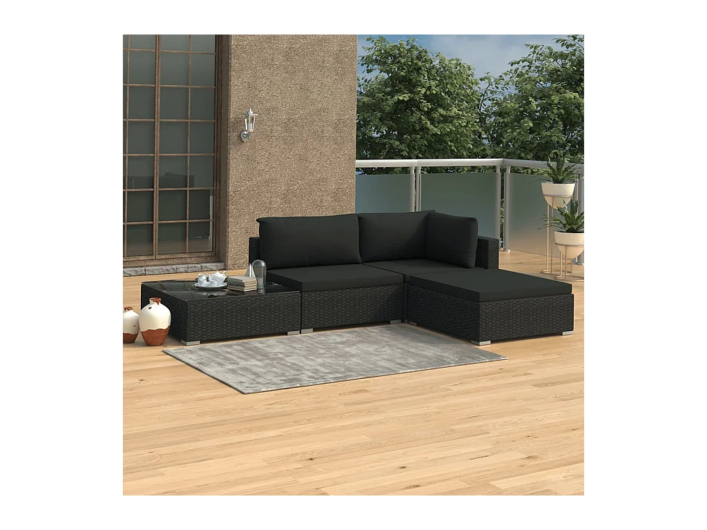 Salon de jardin 4 pcs avec coussins Résine tressée Noir
