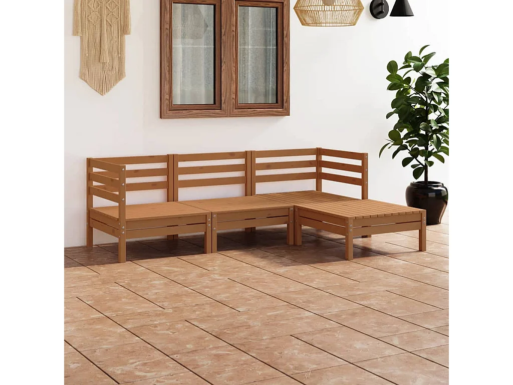 4 pcs conjunto lounge de jardim pinho maciço castanho mel