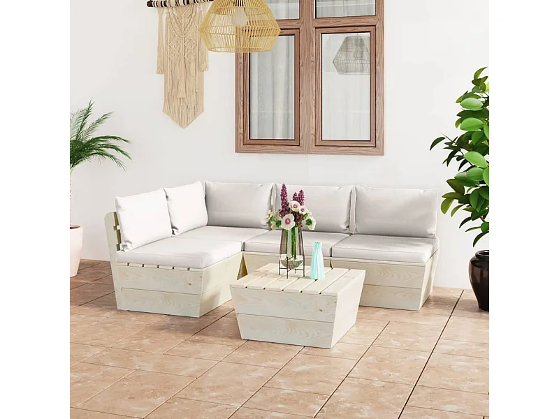 Set Divani da Giardino su Pallet 5 pz con Cuscini Legno Abete