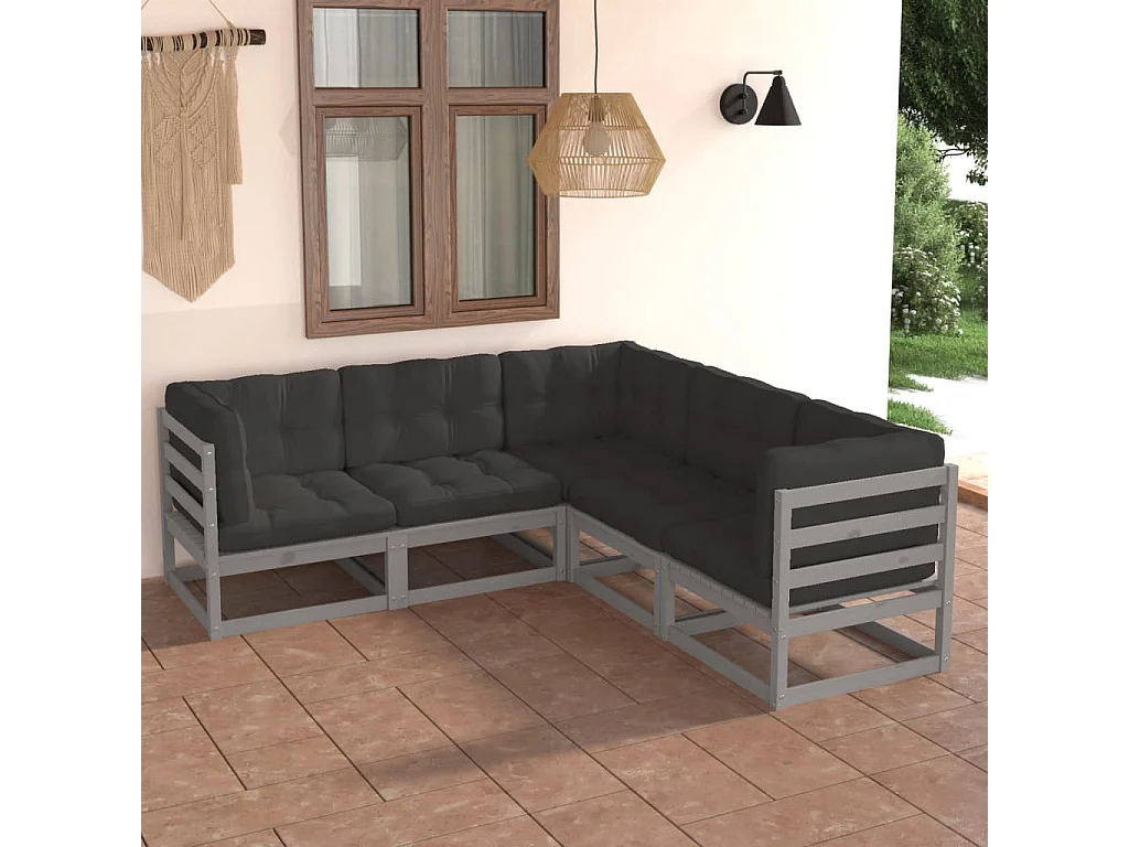 5 pcs conjunto lounge de jardim c/ almofadões pinho maciço