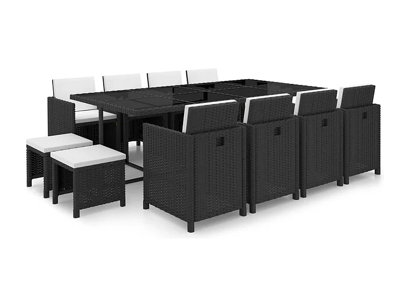 13-tlg. Garten-Essgruppe mit Auflagen Poly Rattan Schwarz