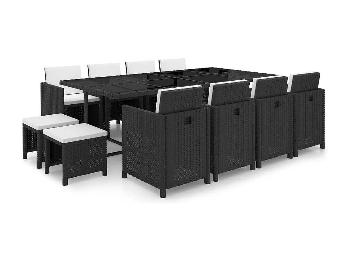 13-tlg. Garten-Essgruppe mit Auflagen Poly Rattan Schwarz