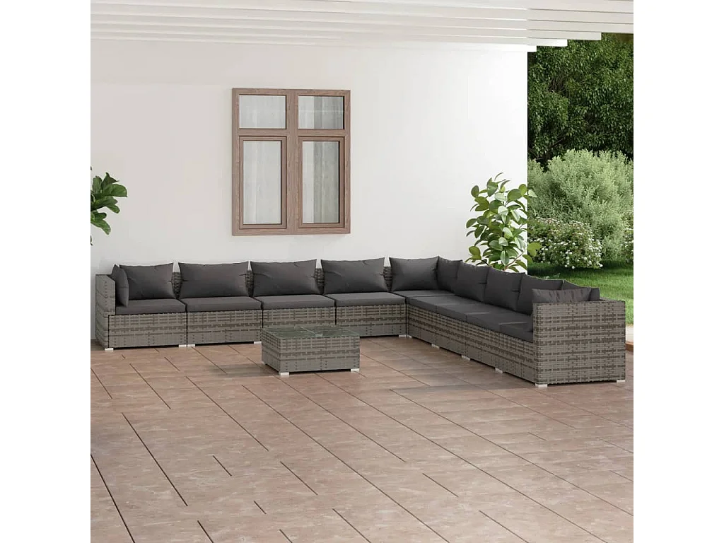 Salon de jardin 10 pcs avec coussins Résine tressée Gris