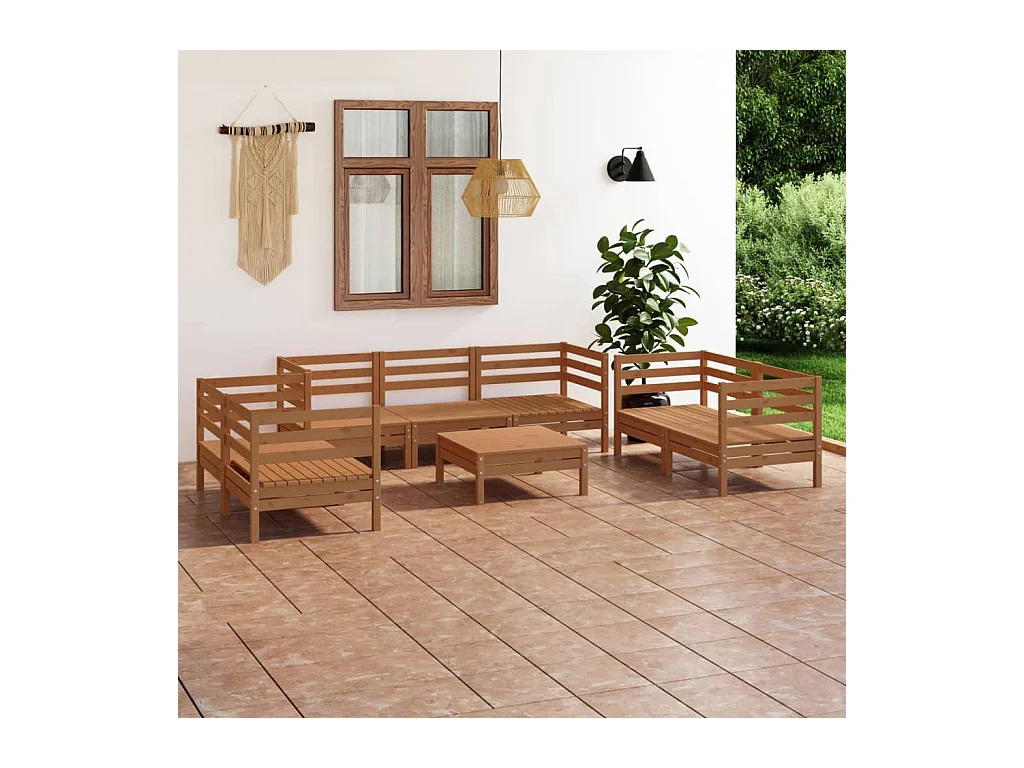 Salon de jardin 8 pcs Marron miel Bois de pin massif