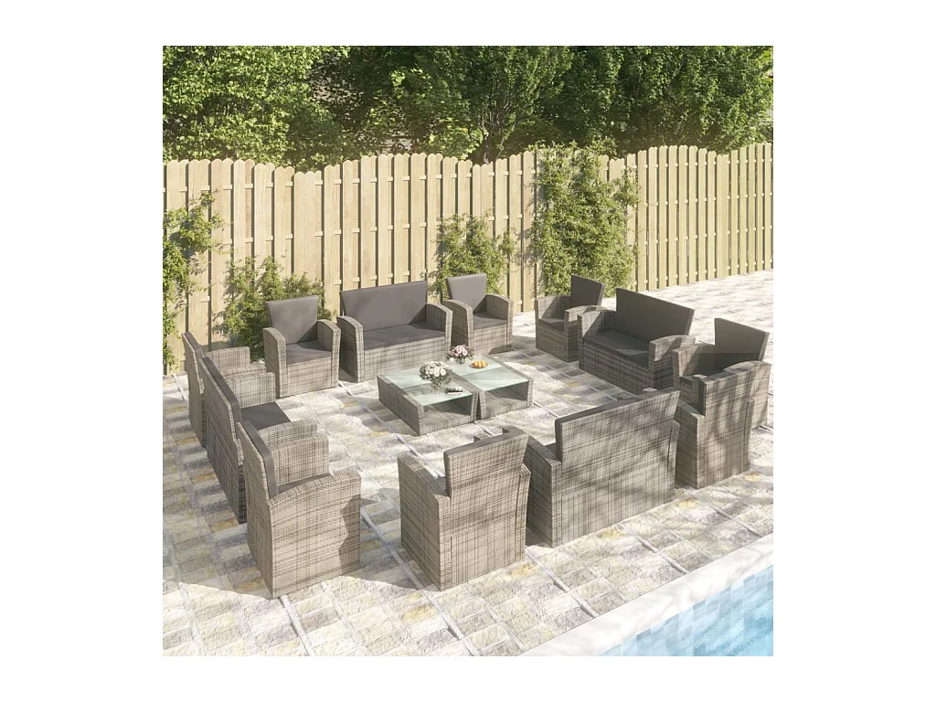 Salon de jardin 16 pcs avec coussins Résine tressée Gris