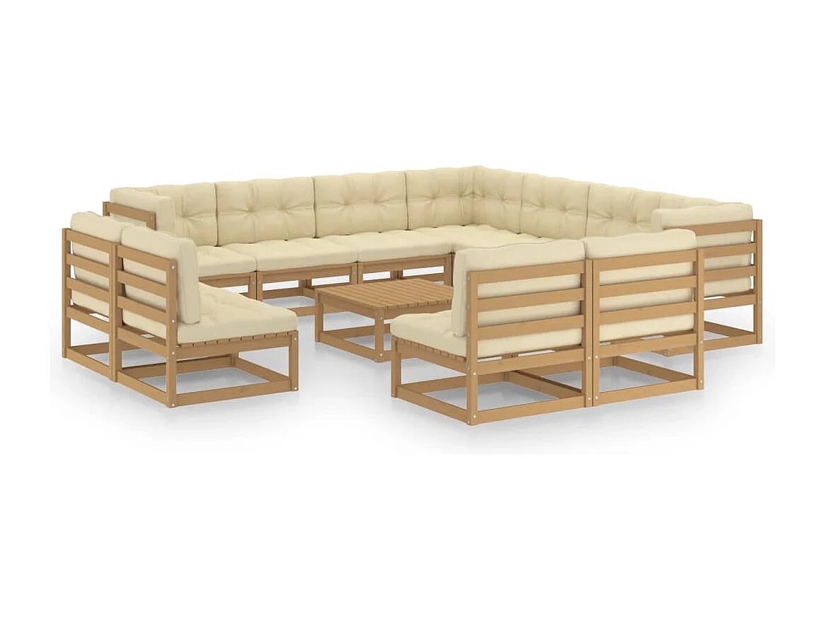 Salon de jardin 12 pcs avec coussins marron miel bois de pin