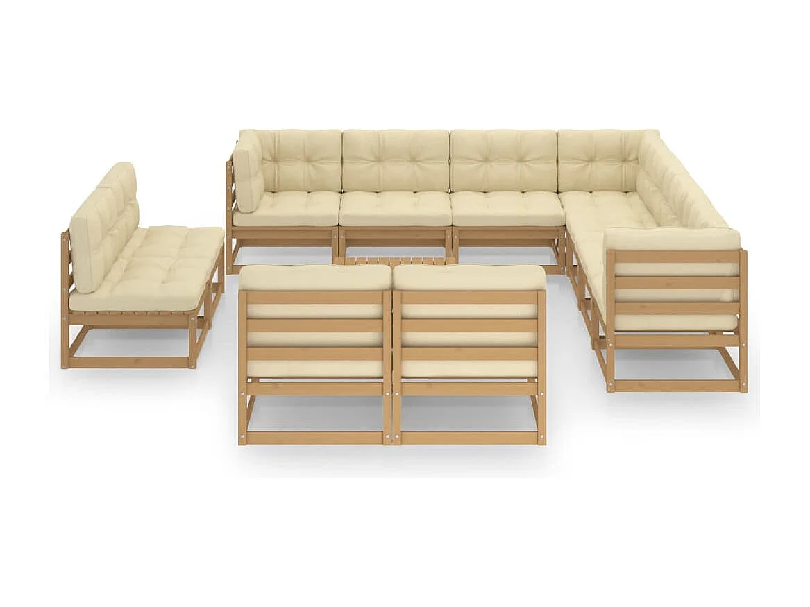 Salon de jardin 12 pcs avec coussins marron miel bois de pin