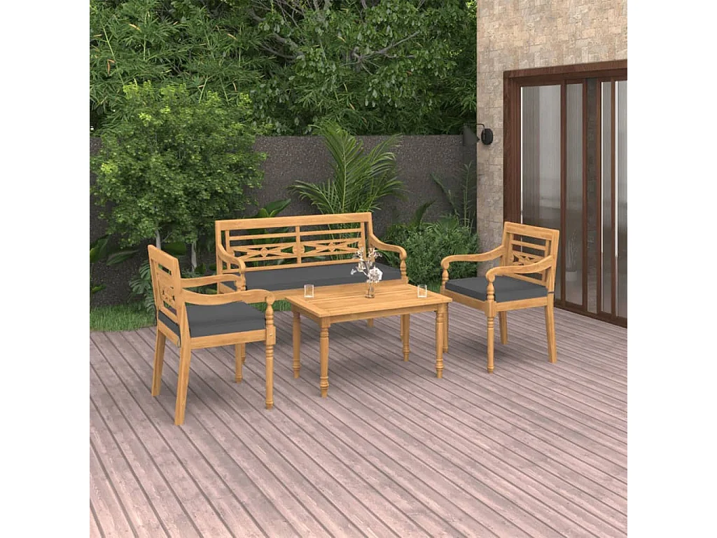 4-tlg. Garten-Lounge-Set mit Kissen Massivholz Teak