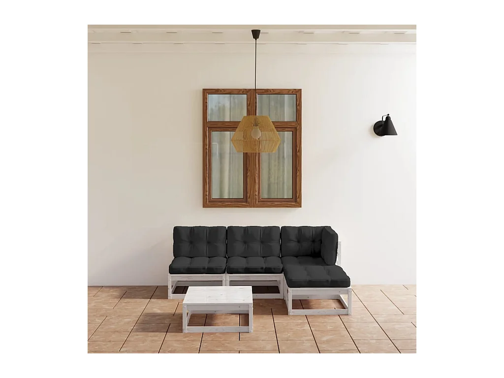 Set Divani da Giardino 5 pz con Cuscini Legno Massello Pino