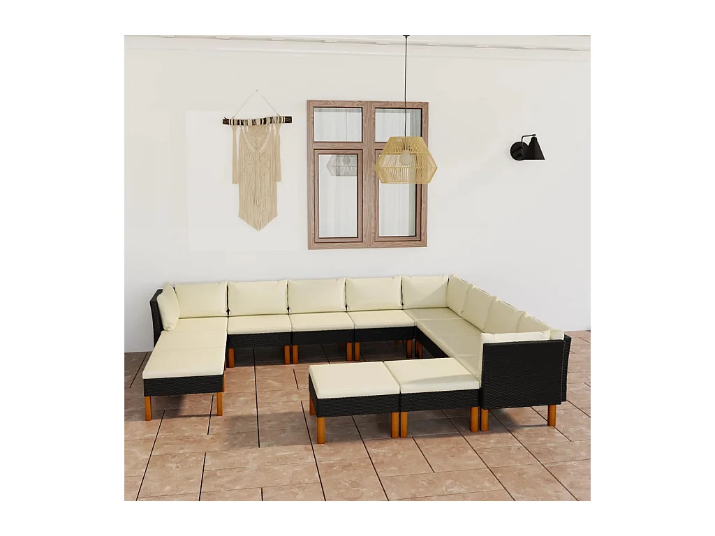 Salon de jardin 12 pcs avec coussins Résine tressée Noir