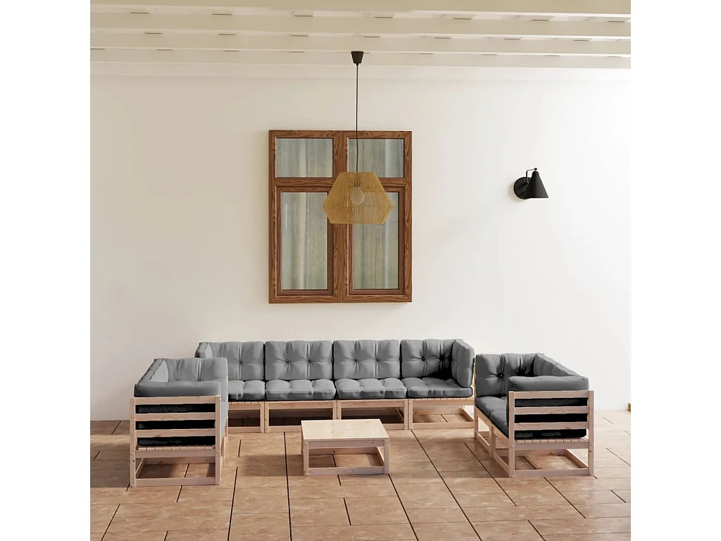 9-tlg. Garten-Lounge-Set mit Kissen Kiefer Massivholz