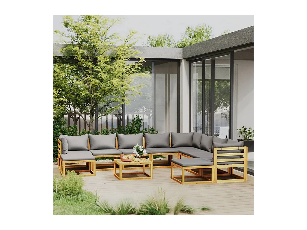 Salon de jardin 11 pcs avec coussin Bois d'acacia solide