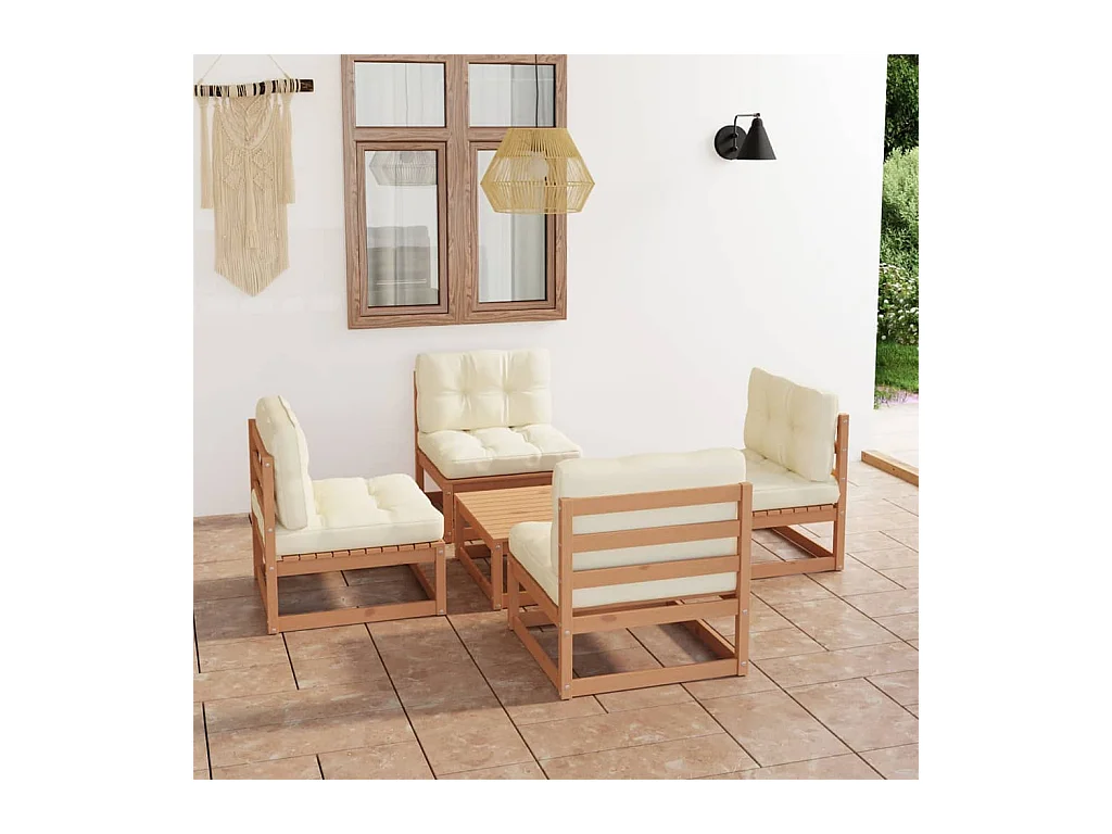 Set Divani da Giardino 5 pz con Cuscini Legno Massello di Pino