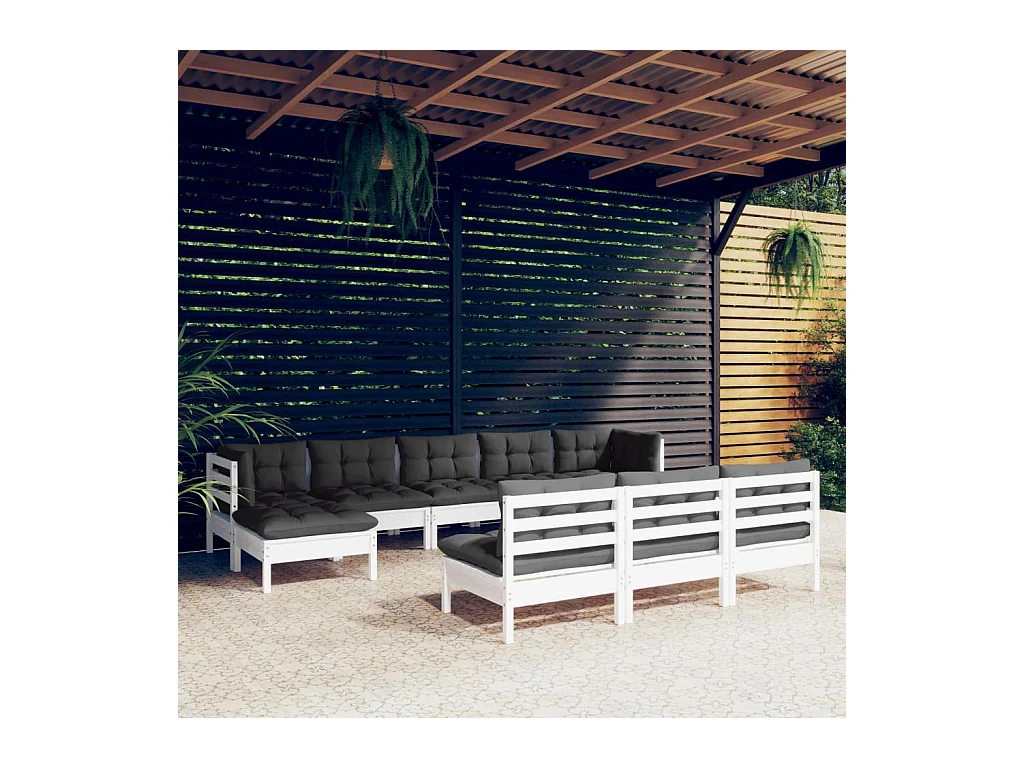 Salon de jardin 10 pcs avec coussins blanc bois de pin