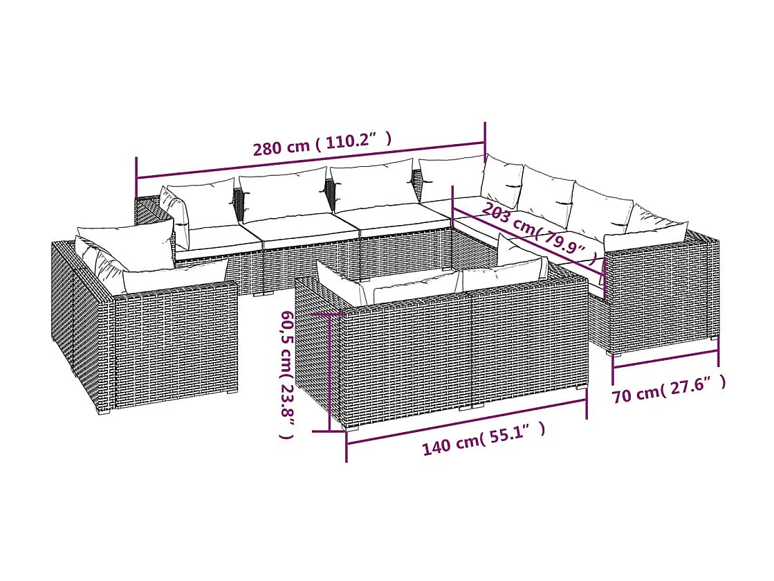 Salon de jardin 11 pcs avec coussins Marron Résine tressée