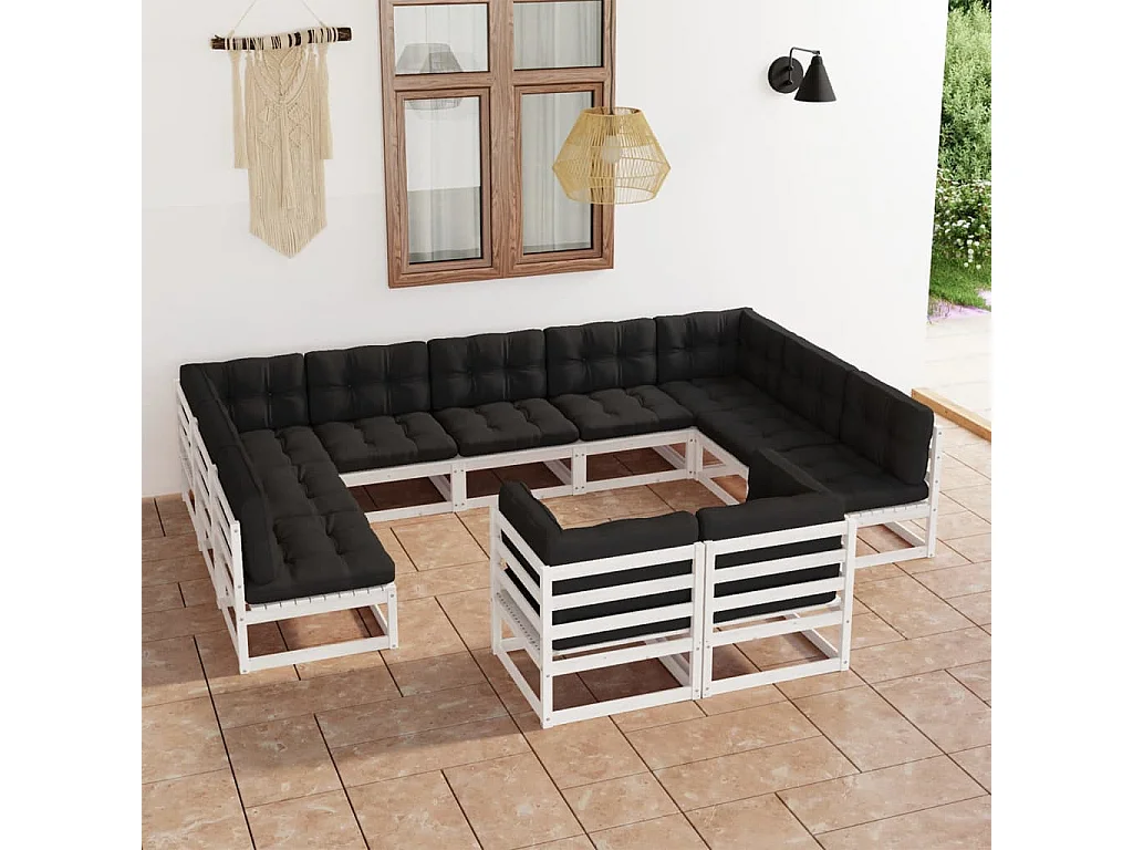 11 pcs conj. lounge de jardim c/ almofadões pinho maciço branco