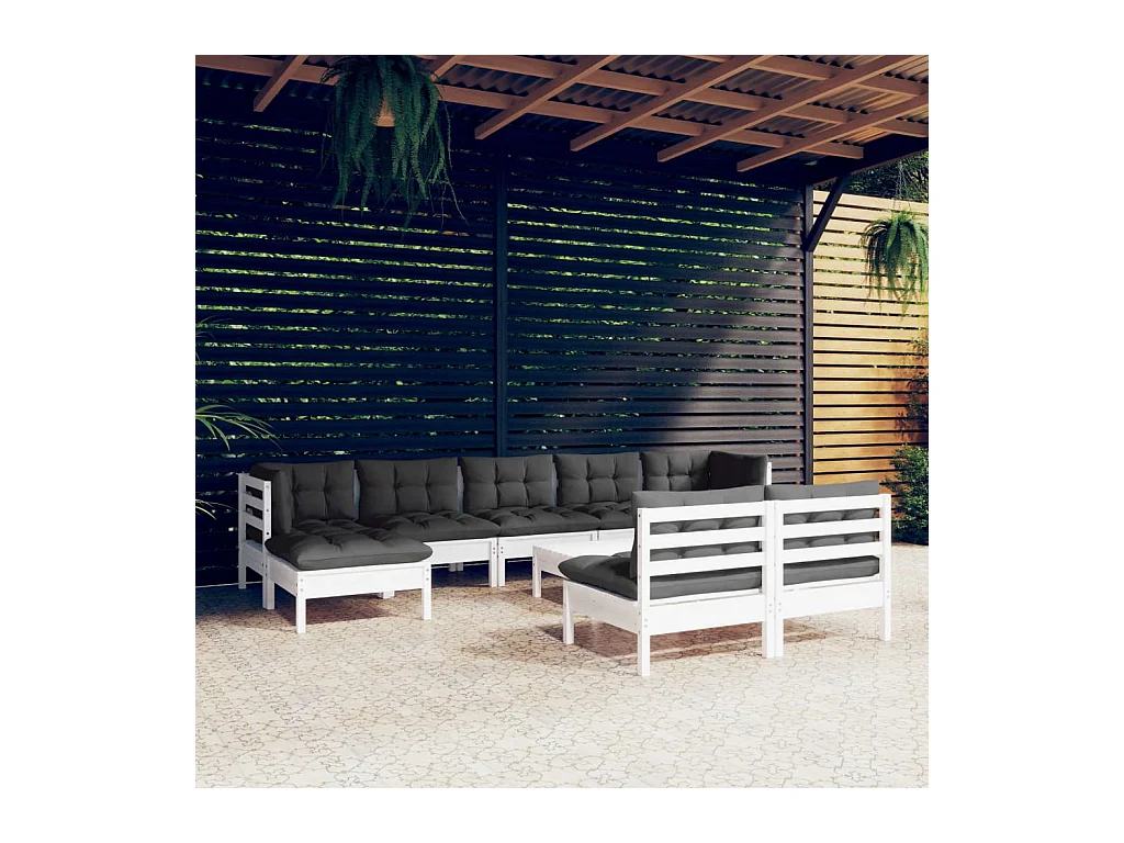 Set Divani da Giardino 10 pz con Cuscini Bianchi Legno di Pino
