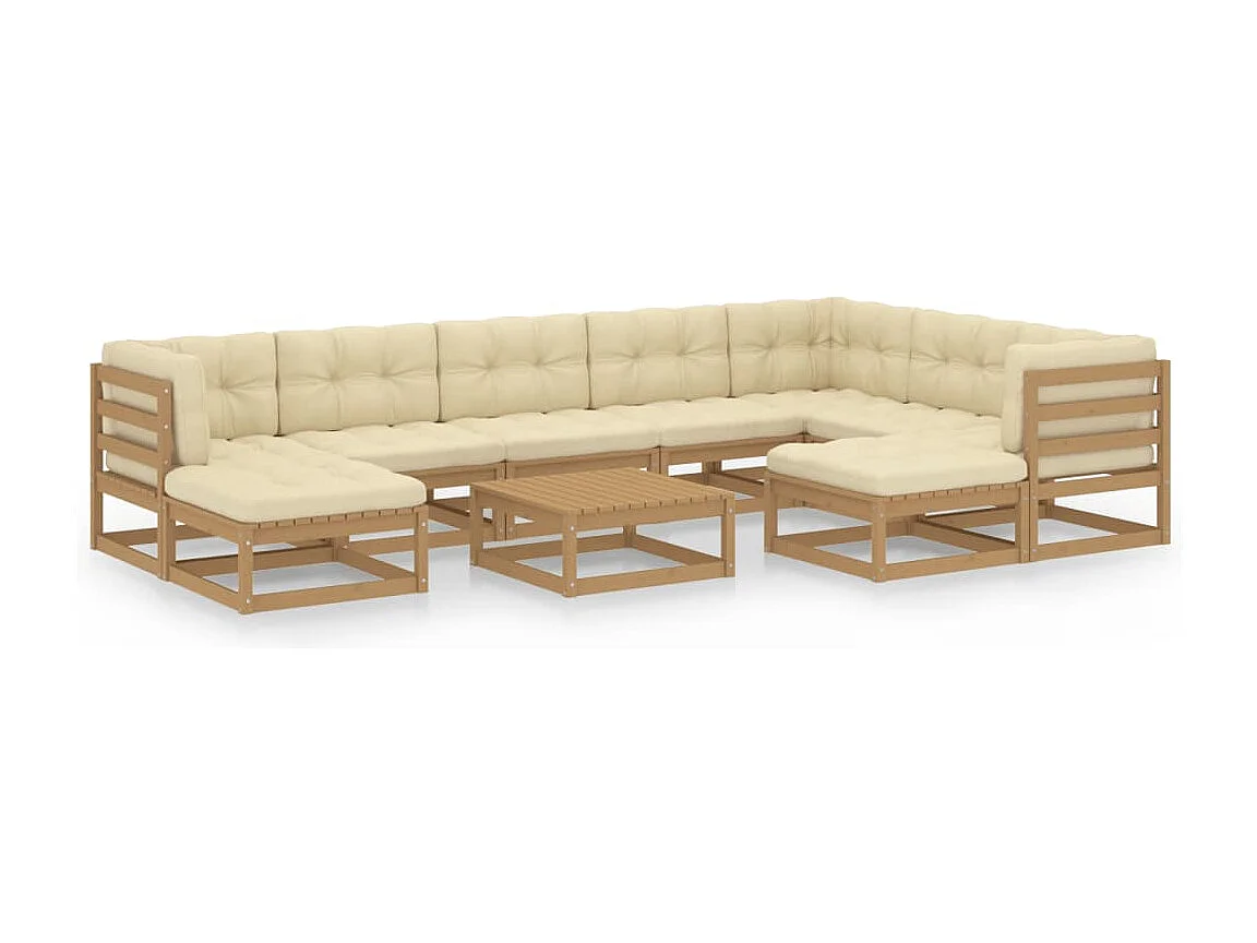 Salon de jardin 10 pcs avec coussins Marron miel Bois de pin