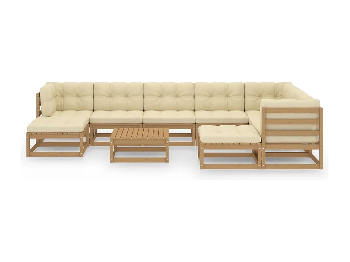 Salon de jardin 10 pcs avec coussins Marron miel Bois de pin