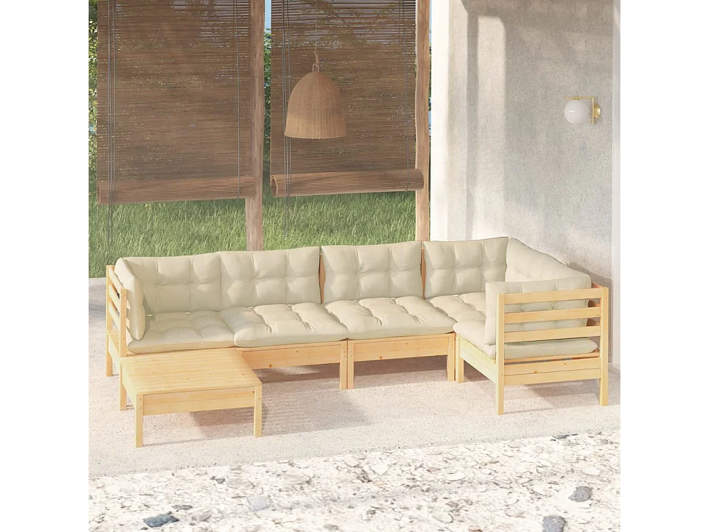 Salon de jardin 6 pcs avec coussins crème Bois de pin massif