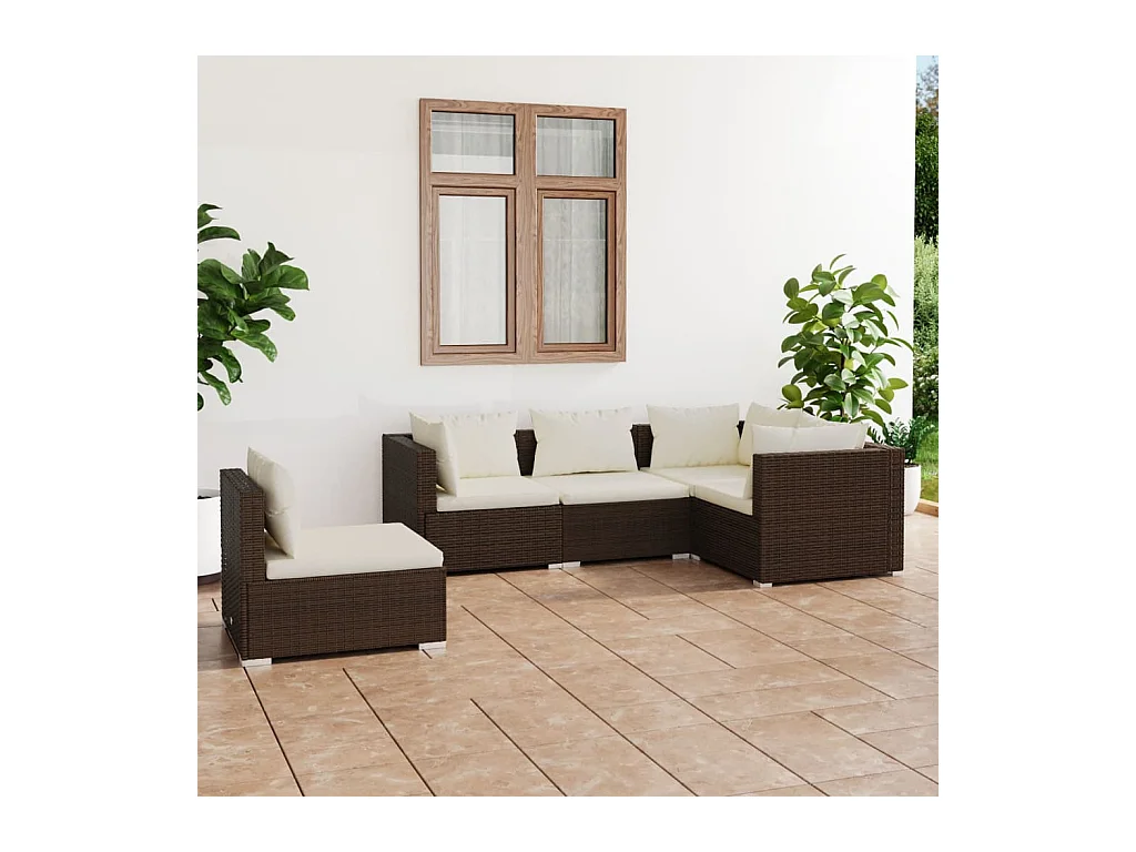 Salon de jardin 5 pcs avec coussins Résine tressée Marron