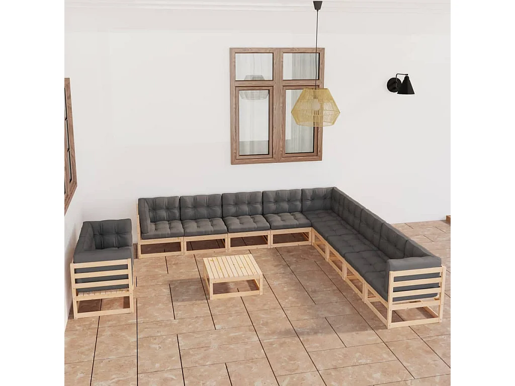 12-tlg. Garten-Lounge-Set mit Kissen Massivholz Kiefer