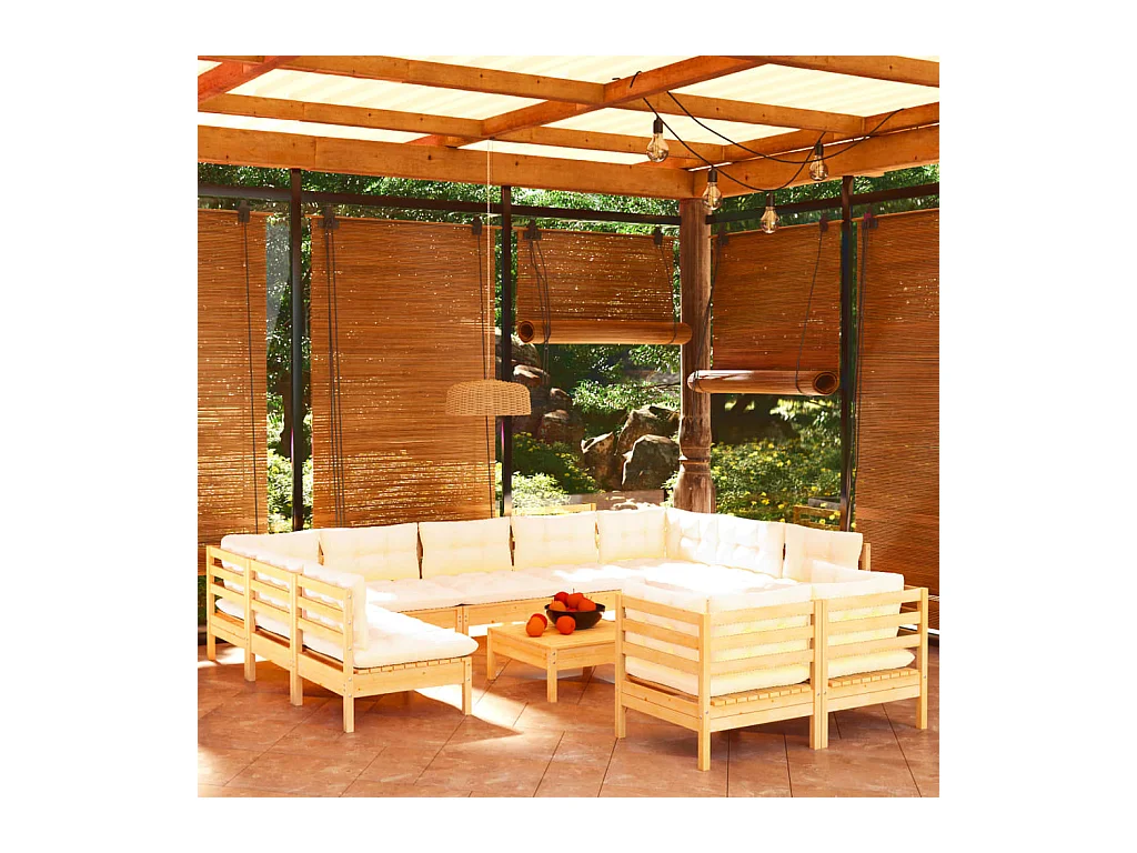 Set Divani da Giardino 12 pz con Cuscini Crema Massello di Pino